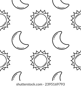 Seamless pattern of hand drawn sun and moon on white background