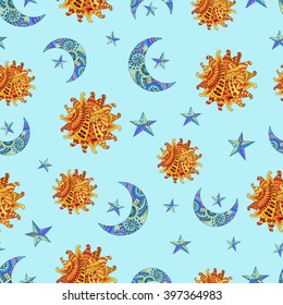 Seamless pattern with hand drawn sun, new moon and star. Illustration in zentangle style. Colorful variant. Ethnic background.