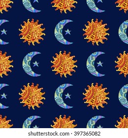 Seamless pattern with hand drawn sun, new moon and star. Illustration in zentangle style. Colorful variant. Ethnic background.