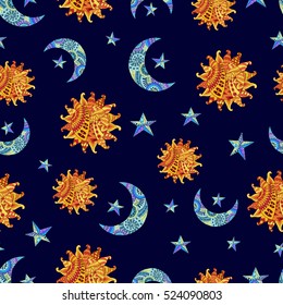 Seamless pattern with hand drawn sun, new moon and star. Illustration in zentangle style. Colorful variant. Ethnic background.