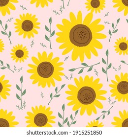 Seamless pattern of hand drawn sunflower with green leaves on pink background vector illustration.