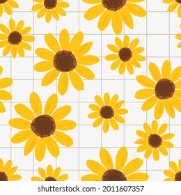 Seamless pattern with hand drawn sunflower on grid cells background vector illustration. Cute floral print.