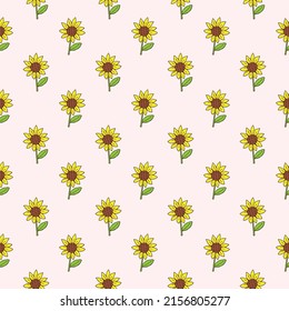 Seamless Pattern of Hand Drawn Sunflower Design on Light Pink Background
