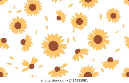 Patrón sin foco con girasol dibujado a mano y pétalos voladores en la ilustración vectorial de fondo blanco. Decoración de arte en las paredes.