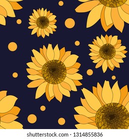 seamless pattern of hand drawn sunflowers with dot background