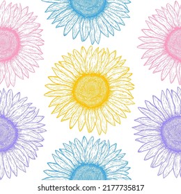 Seamless pattern with  hand drawn sunflowers on green background.