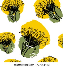 Seamless pattern with hand drawn sunflowers and brush stroke texture