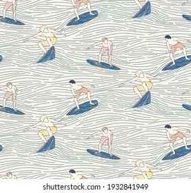 seamless pattern with hand drawn surfers and lines