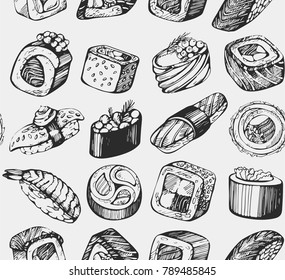 Seamless pattern with hand drawn sushi