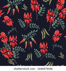 Seamless Pattern Of Hand Drawn Swainsona Flower, Australia Native Plant On Dark Navy Background