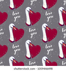 Seamless pattern with hand drawn swan portraits and hearts, vector illustration