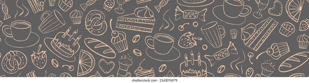 Patrón sin foco con comida dulce extraída a mano. Doodles de postre grunge. Ilustración vectorial.