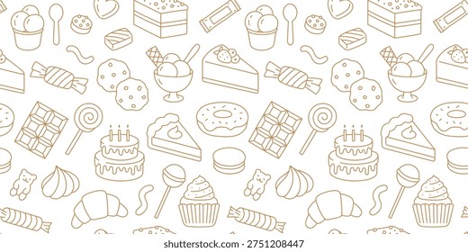 Seamless pattern with hand drawn sweet food doodles. Delicious bakery and dessert background with cake, ice cream, donut, chocolate, cupcake, cookie, candy line art for textile, menu design.