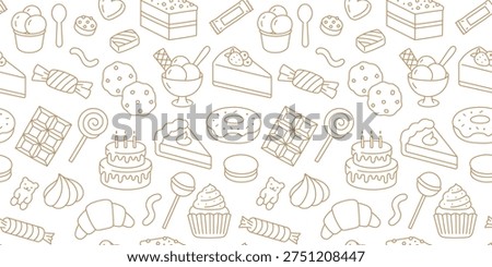 Seamless pattern with hand drawn sweet food doodles. Delicious bakery and dessert background with cake, ice cream, donut, chocolate, cupcake, cookie, candy line art for textile, menu design.