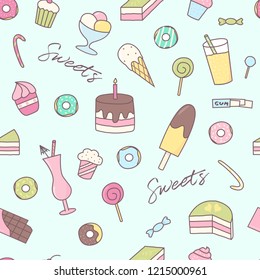 Seamless pattern with hand drawn sweets in doodle style. Vector illustration in pastel colors