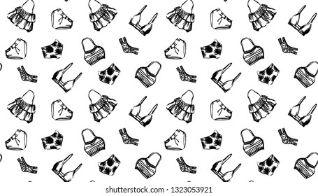 Seamless pattern with hand drawn swimwear bikini. Vector endless sketch black illustration on white background. Beachwear for women painted by ink. 