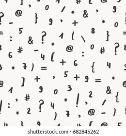 Seamless pattern with hand drawn symbols and numbers. Hand drawn vector illustration.