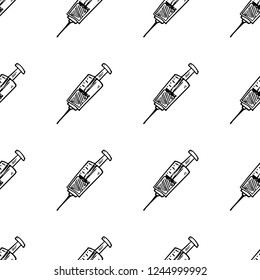 Seamless pattern hand drawn syringe doodle. Sketch style icon. Decoration element. Isolated on white background. Flat design. Vector illustration.