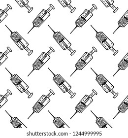 Seamless pattern hand drawn syringe doodle. Sketch style icon. Decoration element. Isolated on white background. Flat design. Vector illustration.