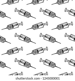Seamless pattern hand drawn syringe doodle. Sketch style icon. Decoration element. Isolated on white background. Flat design. Vector illustration.