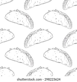 Seamless pattern with hand drawn taco. Sketched fast food vector illustration. Background for cafe, restaurant, eatery, diner, website or take away bag design