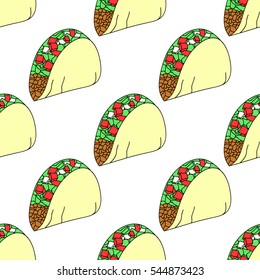 Seamless pattern with hand drawn taco. Sketched fast food vector illustration. Background for cafe, restaurant, eatery, diner,