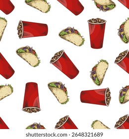 Seamless pattern with hand drawn tacos and fizzy drinks in red paper cups. Vintage colorful sketch on white background. Great for packaging, branding, menu design and fast food themed projects.