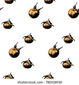 Seamless pattern of hand drawn tangerine set, ink draw. Collection of citrus fruit elements for design fabric, paper, packaging, print. Vector illustration, isolated on white background.