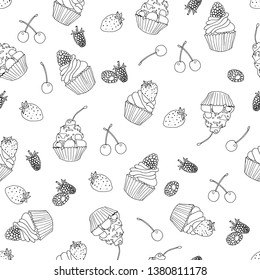 seamless pattern with hand drawn tasty cupcakes and berries vector illustration