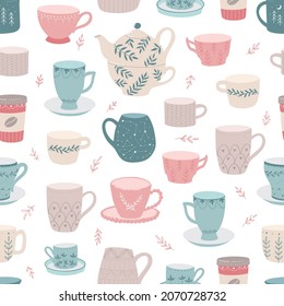 Seamless pattern with hand drawn tea and coffee cups and pots for scrapbooking, wrapping paper, textile prints, wallpaper, backgrounds, etc. EPS 10