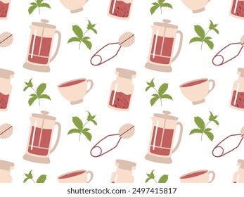 Seamless pattern with hand drawn tea and coffee cups and pots for scrapbooking, wrapping paper, textile prints, wallpaper, backgrounds, etc. EPS 10