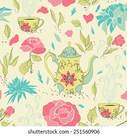 Seamless pattern with hand drawn tea mug and teapot with floral pattern surrounded by flowers and tea leaves. Vector illustration