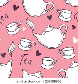 Seamless pattern with hand drawn tea cup and teapot. Doodle background. Vector illustration.