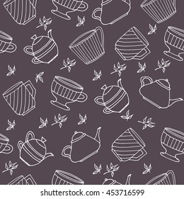 Seamless pattern with hand drawn tea set with tea pots, tea cups, tea leaves. Vector stock illustration. Elements for menu for restaurants and cafe. Black background. 