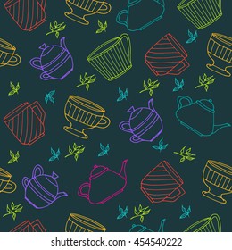 Seamless pattern with hand drawn tea set with colored tea pots, tea cups, green tea leaves. Vector stock illustration. Elements for menu for restaurants and cafe. 