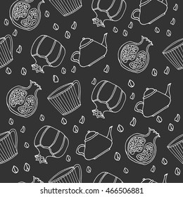 Seamless pattern with hand drawn tea set with tea pots, tea cups, pomegranate with seeds. Vector stock illustration. Elements for menu for restaurants and cafe. Black background.