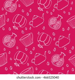 Seamless pattern with hand drawn tea set with tea pots, tea cups, pomegranate with seeds. Vector stock illustration. Elements for menu for restaurants and cafe. 