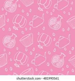 Seamless pattern with hand drawn tea set with tea pots, tea cups, pomegranate with seeds. Vector stock illustration. Elements for menu for restaurants and cafe. 