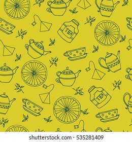 Seamless pattern with hand drawn tea set with colored tea pots, tea cups, green tea leaves, orange. Vector stock illustration. Elements for menu for restaurants and cafe. Yellow background