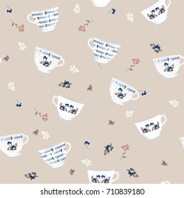 Seamless pattern with hand drawn tea cups, tea leaves. Vector stock illustration. Elements for menu for restaurants and cafe. Black background.on pink background.