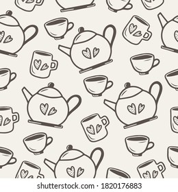 Seamless pattern with hand drawn teapot, tea and coffee cup on a beige background. Doodle, simple outline illustration. It can be used for decoration of textile, paper and other surfaces.