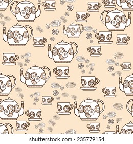 Seamless pattern with hand drawn teapots and cups with steam on beige background. Clipping mask is used, vector illustration.
