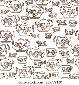 Seamless pattern with hand drawn teapots and cups on white background. Clipping mask is used, vector illustration.
