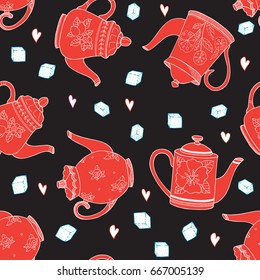 Seamless pattern with hand drawn teapots.. Doodle teapots and coffee kettles isolated on white background. Vector illustration on tea time icons for cafe and restaurant menu design.