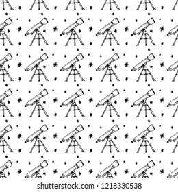 Seamless pattern hand drawn telescope. Doodle black sketch. Sign symbol. Decoration element. Isolated on white background. Flat design. Vector illustration.