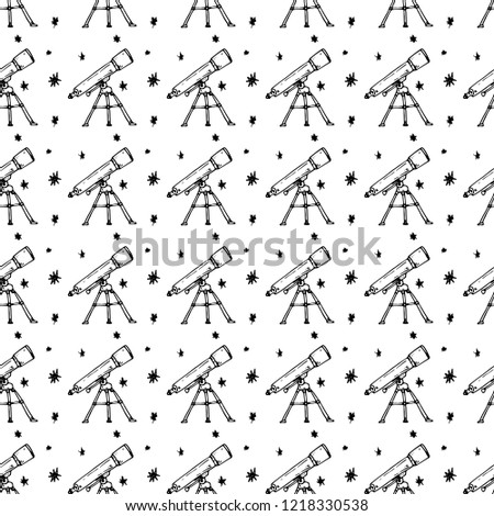 Seamless pattern hand drawn telescope. Doodle black sketch. Sign symbol. Decoration element. Isolated on white background. Flat design. Vector illustration.