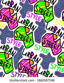 Seamless pattern with hand drawn text urban street style with wave shapes, lines.