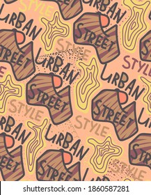Seamless pattern with hand drawn text urban street style with wave shapes, lines.