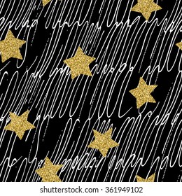Seamless pattern with hand drawn text and gold glitter stars, for wrapping, wallpaper, textile, invitation, wedding cards