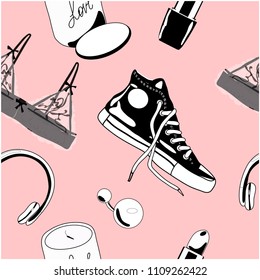 Seamless pattern with hand drawn texture. Vector fashion sketch. Glamour style. Isolated elements on pink background